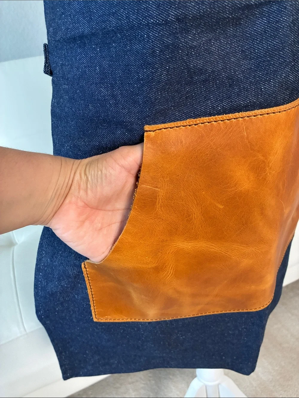 Premium Denim Apron with Brown Leather Pocket - Picture 2 of 11